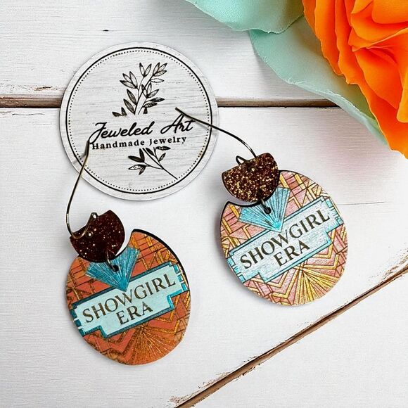 Pre-order Hand-Painted Showgirl Era Inspired Art Deco Glitter Wood Earrings - Picture 5 of 5